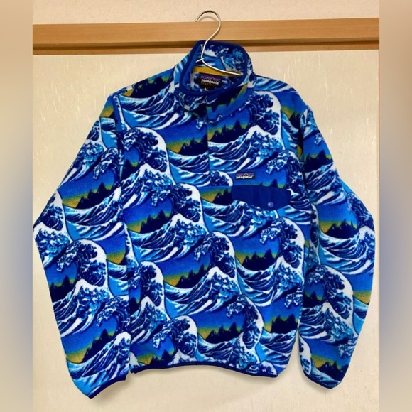 Patagonia RARE Synchilla Snap-T Fitz Roy Hokusai Blue Wave Fleece Pullover Men's - Picture 2 of 4